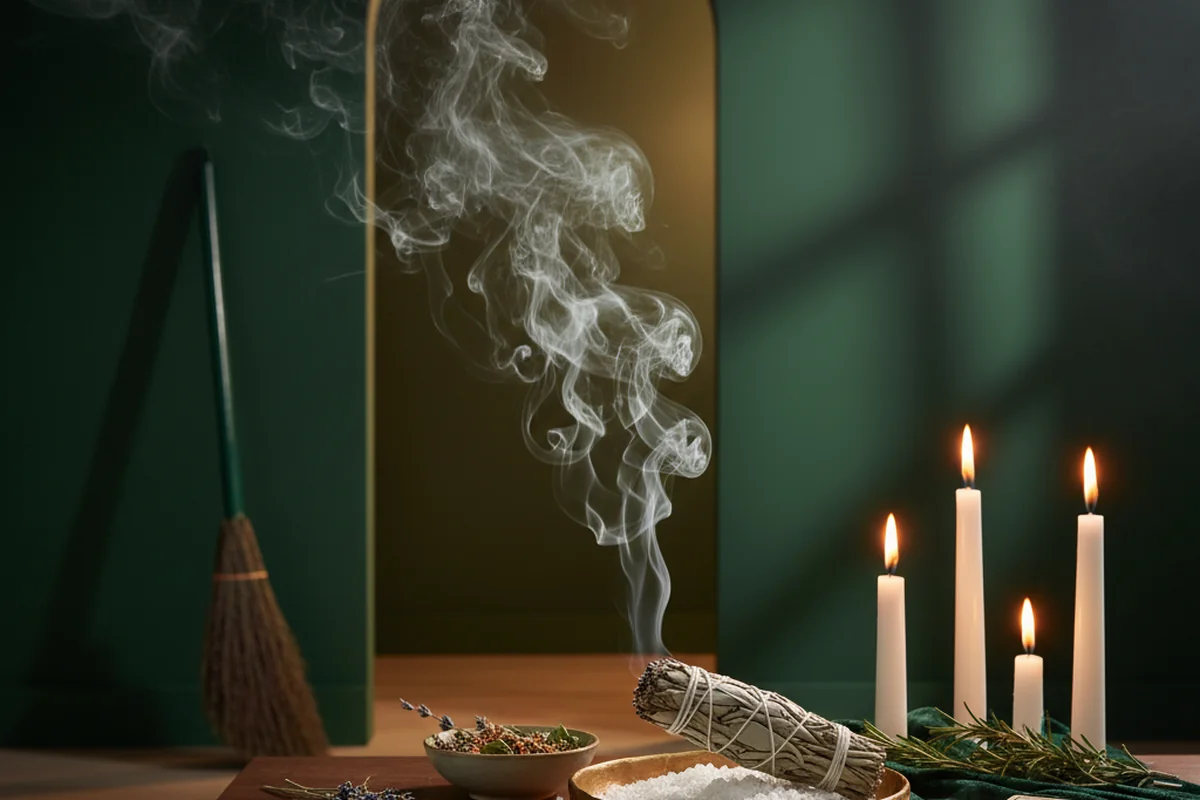 Persona sentada anotando en una libreta con velas y cartas — preparar consulta tarot